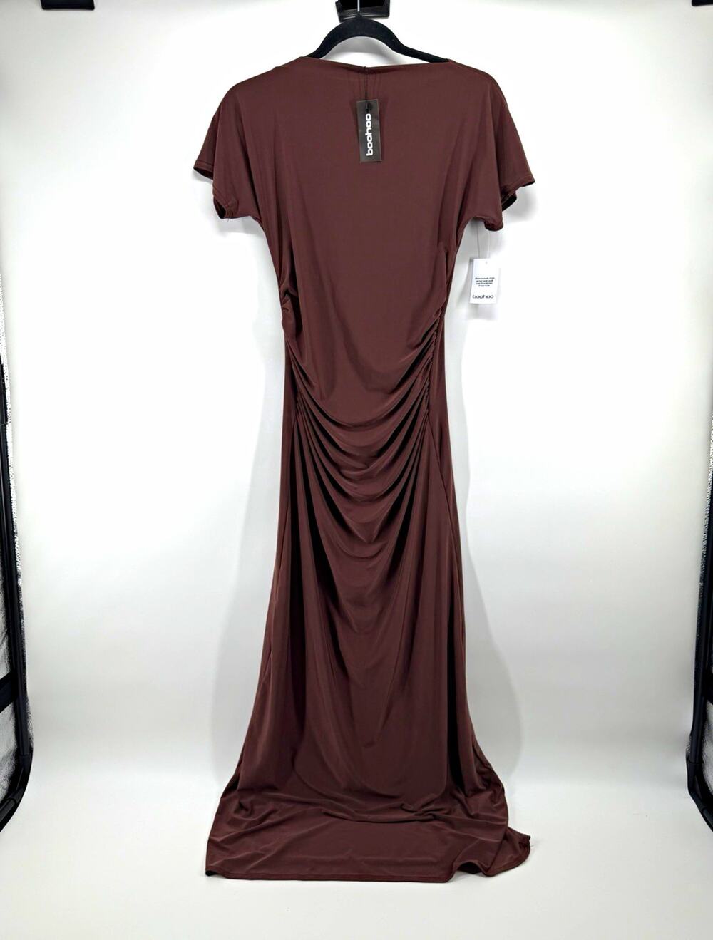 boohoo Brown Ruched Stretch Jersey Maxi Dress Short Sleeve Round Neck Size 10